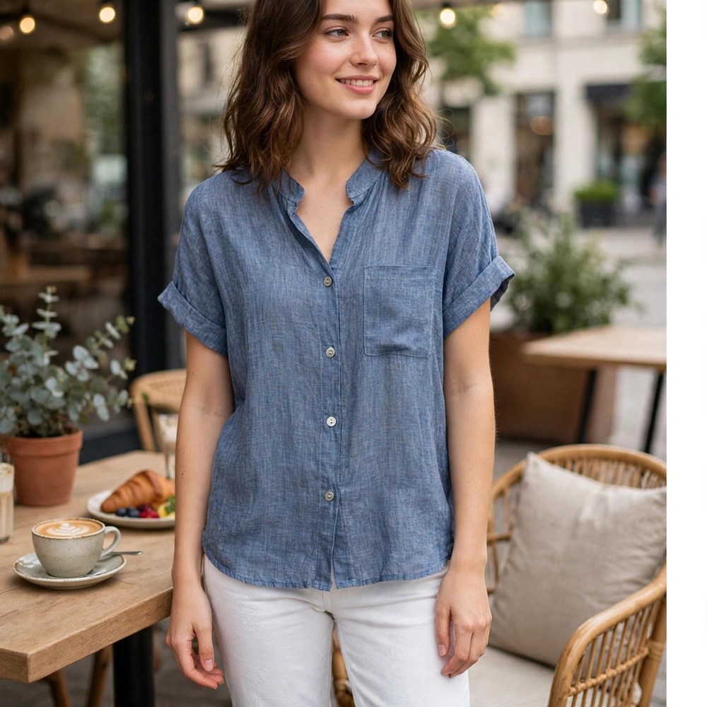 Scandal Made in Italy Linen Top Women's Medium Blue Button Down Tie Front